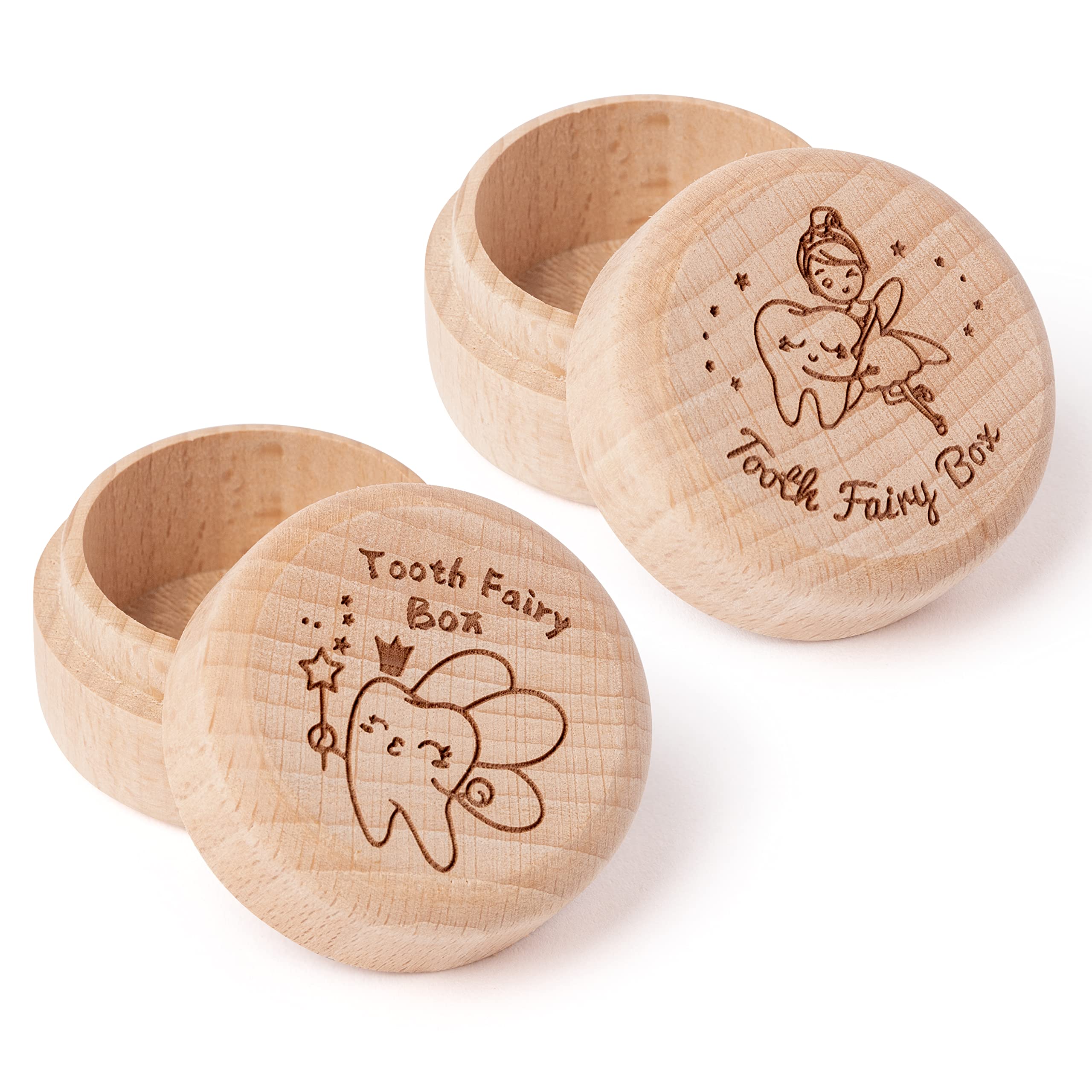 2Pcs Tooth Fairy Box for Boy Girl Wooden Tooth Fairy Keepsake Box to Place Under Pillow Milk Teeth Container Box Cute Lost Tooth Holder Baby Toddler Teeth Case for Baby Shower Birthday Gift