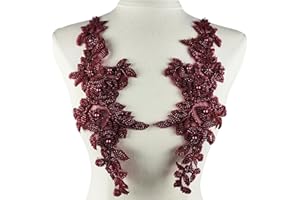 YOOGCORETT 1 Pair Wine Red 3D Lace Flower Bead Fabric Patches Embroidered Trim Applique for Wedding Dress Decor DIY Sewing Clothing Applique 12.6" x 4.3"Inch