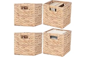 4 Pcs Wicker Storage Cubes, Woven Water Hyacinth Storage Baskets, Foldable Bins with Handles, Collapsible Square Containers f