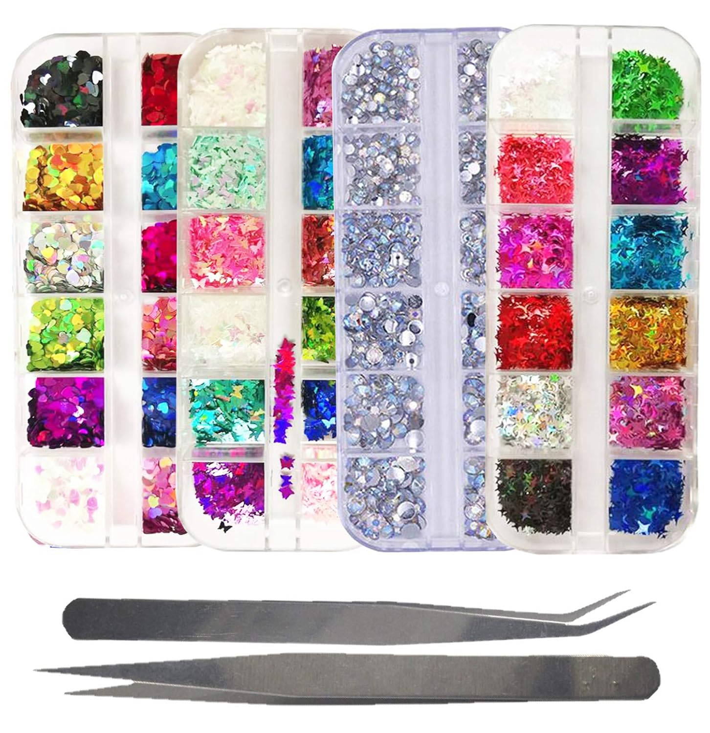 Glitter Nail Decoration Kit, Holograhic Butterfly Heart Star Nail Glitter Flakes Laser Sequins Resin Art Craft Decor Glitters, 3D AB Crystal Nail Rhinestone with 2pc Twezzers Applicator