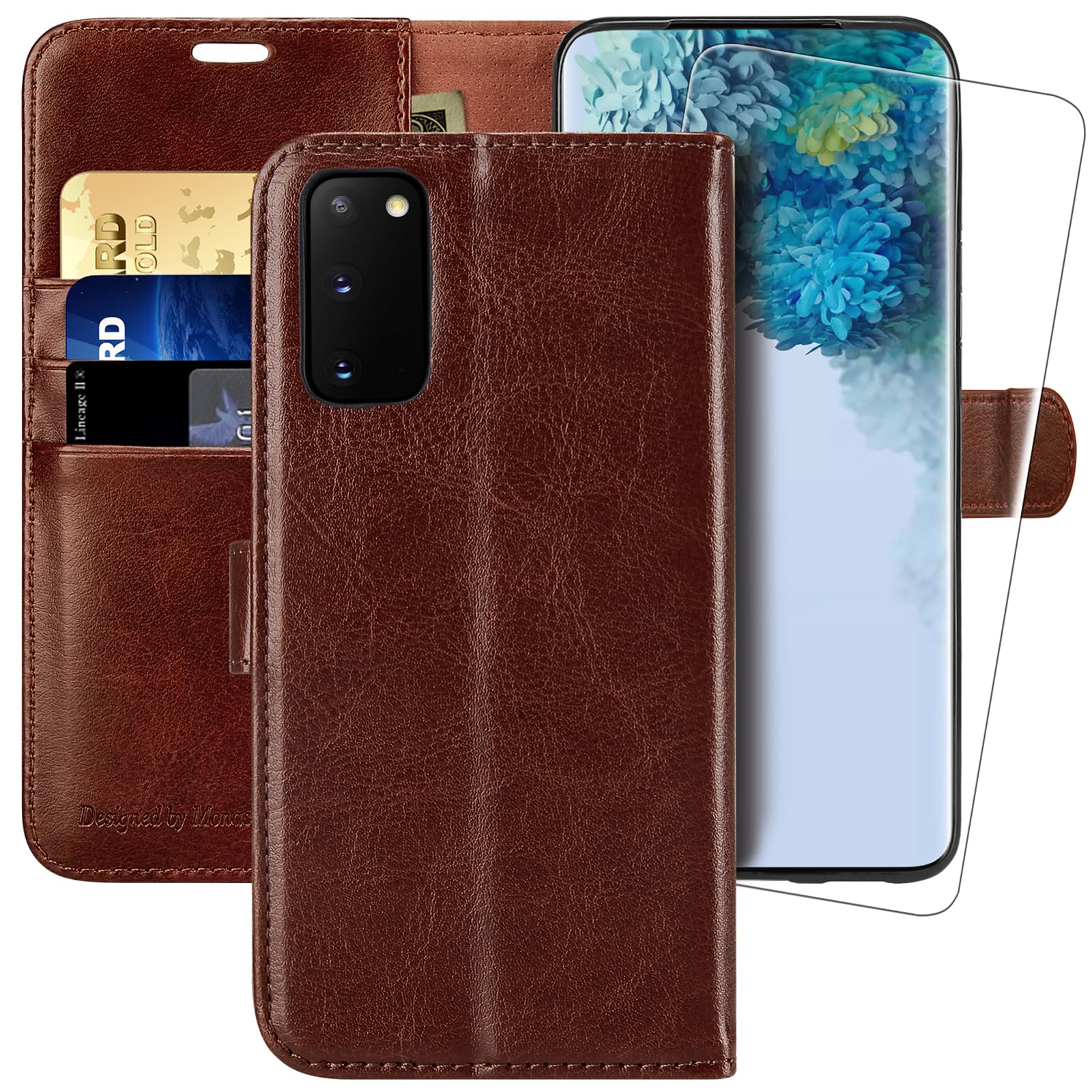 MONASAY Galaxy S20 FE Wallet Case, 6.5-inch, [Included Screen Protector] Flip Folio Leather Cell Phone Cover with Credit Card Holder for Samsung Galaxy S20 FE，Brown