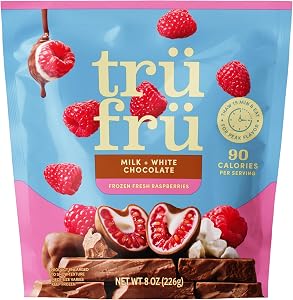 Tru Fru Frozen Fresh Raspberries in Milk & White Chocolate, 8 Ounce Bag | Real whole fruit snack; 90 calories per 1 oz servin