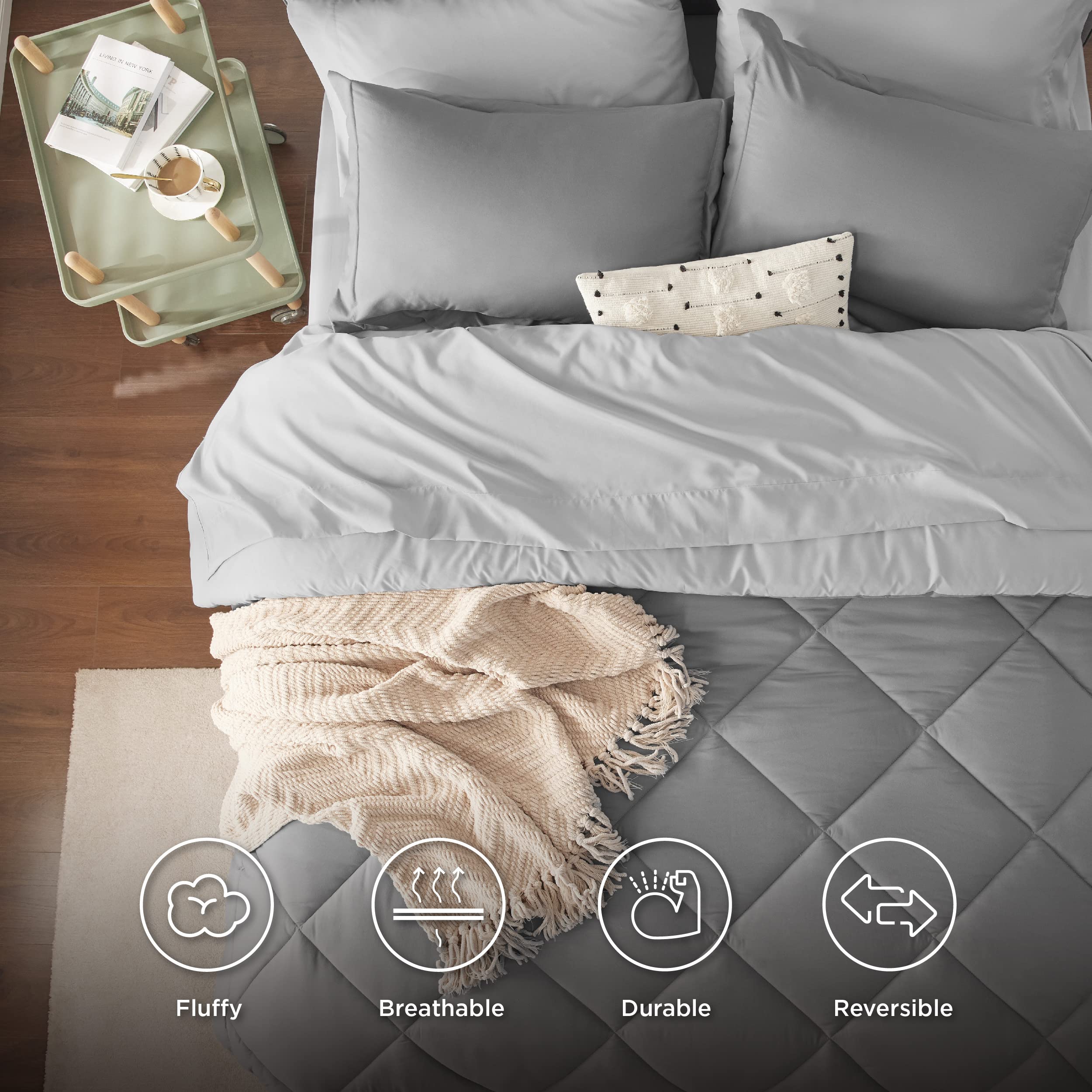 Bedsure Full Size Comforter Set - 7 Pieces Reversible Grey Bedding, Full Size Bed Set for All Seasons, Bed in a Bag with Down Alternative Comforter, Sheets, Pillowcases & Shams