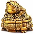 BOYULL Large Size Brass Thriving Business Feng Shui Money Frog(Three Legged Wealth Frog or Money Toad) with Treasure Basin Statue, Attract Wealth and Good Luck,Feng Shui Décor
