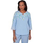 Alfred Dunner Women's Floral Embroidered Split Neck Top