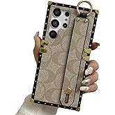 BUSDOG Luxury Rectangle Leather Phone Case Designed for Samsung Galaxy S23 Ultra Cute Case with Wristband Strap Anti Drop Protective Designer Compatible with Samsung S23 Ultra - 6.8 inch (Beige)