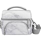 Bentgo Deluxe Lunch Bag - Durable and Insulated Lunch Tote with Zippered Outer Pocket, Internal Mesh Pocket, Padded & Adjustable Straps, & 2-Way Zippers - Fits Most Lunch Boxes (White Marble)