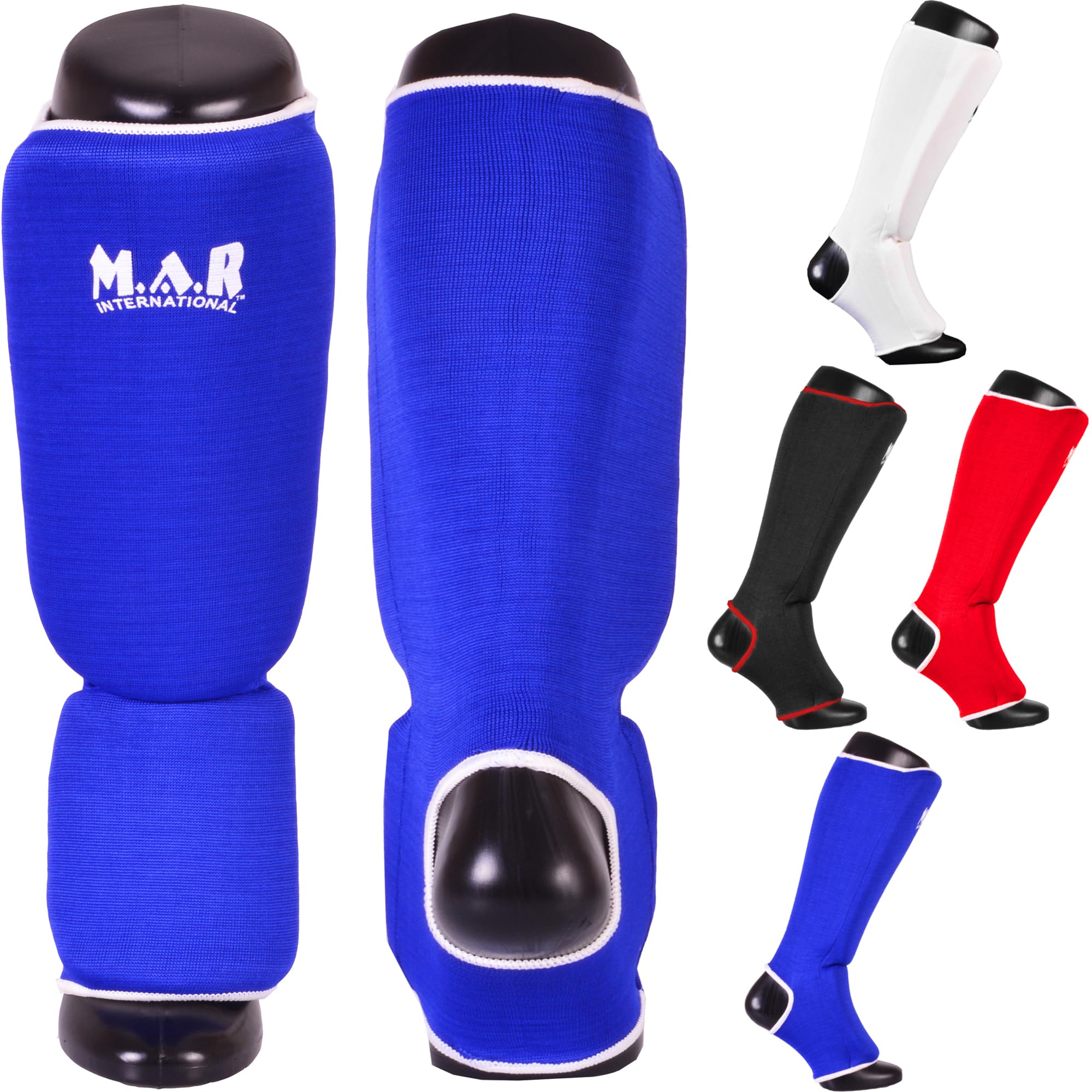 MAR | Blue Elasticated Shin and Instep Guards for Martial Arts, Karate, Kickboxing, Muay Thai, Slip-On Shin Pads, Training Shin Guard, MMA Foot Protector Training Leg Guards, BJJ, Taekwondo (L)