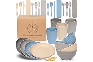 FOODLE 28 Piece Lightweight & Unbreakable Wheat Straw Dinnerware Set - Microwave & Dishwasher Safe, Perfect for Picnics, RV, Camping Plates Cups and Bowls Set