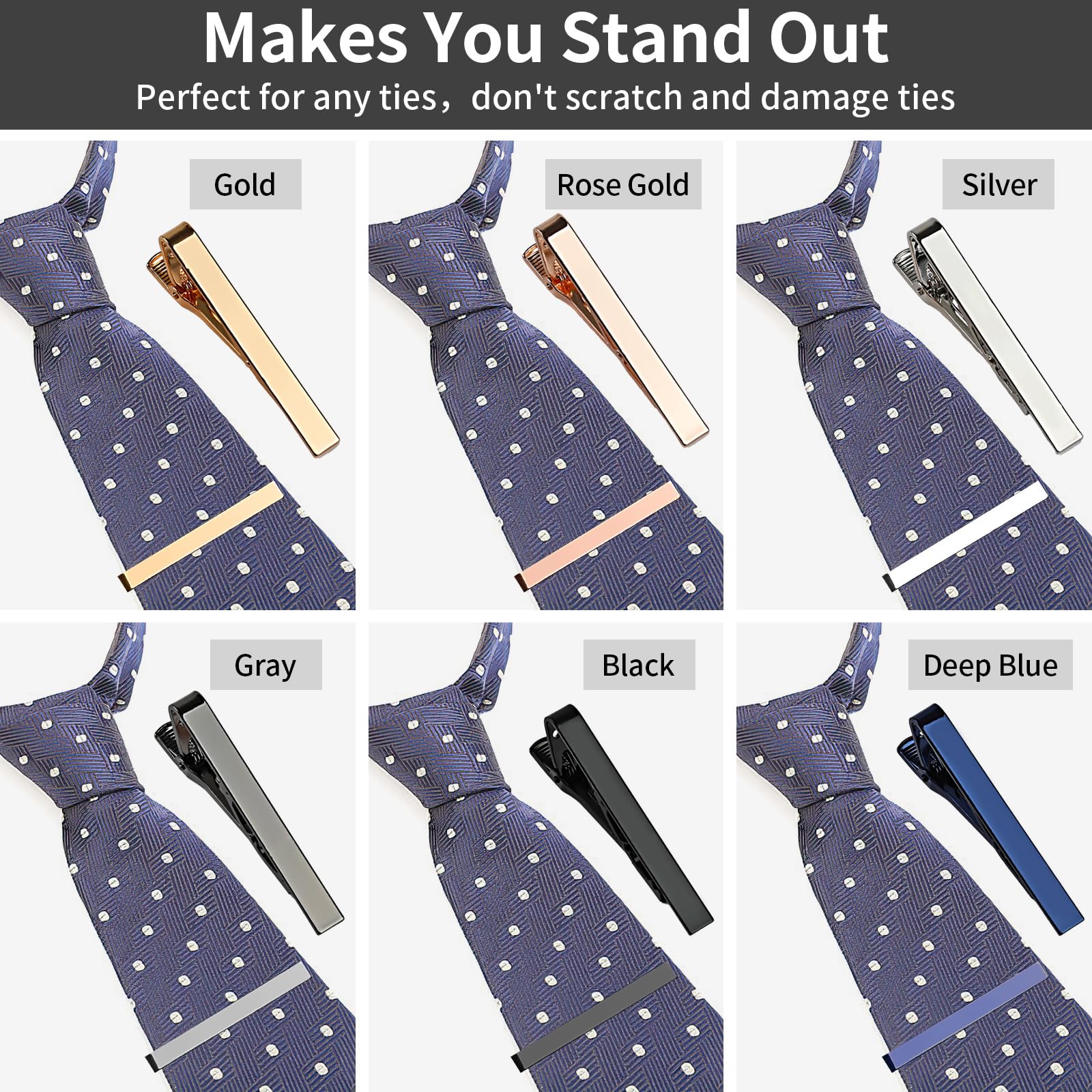 6 Pcs Tie Clips for Men, 6 Classic Colors Shiny & Glossy Tie Bar, Ideal for Father, Husband, Boyfriend, Business, Wedding, Tie Pins with Gift Box