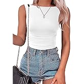 SAUNGKUAI Women's Sleeveless Shirts Mesh Ruched Bodysuit Double Lined Boat Neck Body Suits Going Out Tops Date Outfits