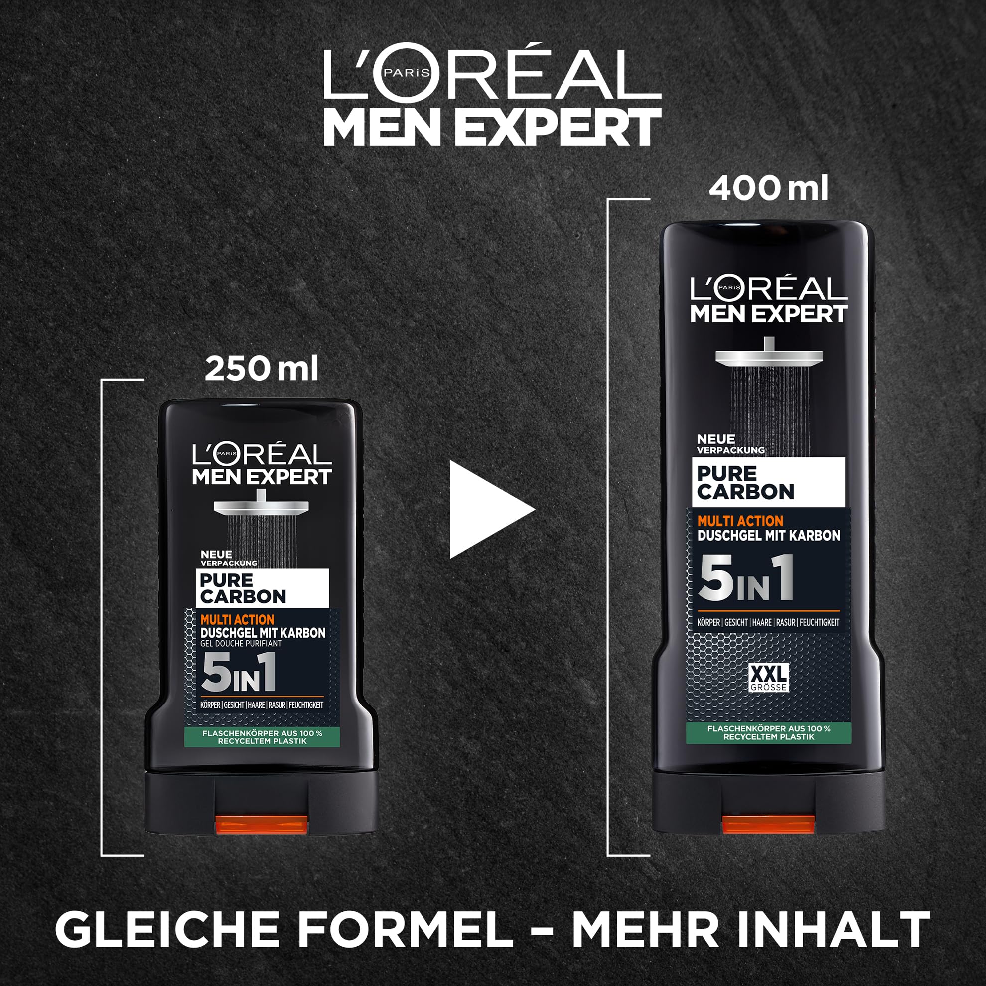 L'Oréal Men Expert XXL 5in1 Duschgel und Shampoo für Männer, Duschbad zur Reinigung von Körper, Haar und Gesicht, Herren Körperpflege für langanhaltende Frische mit Karbon, Pure Carbon, 1 x 400 ml 5