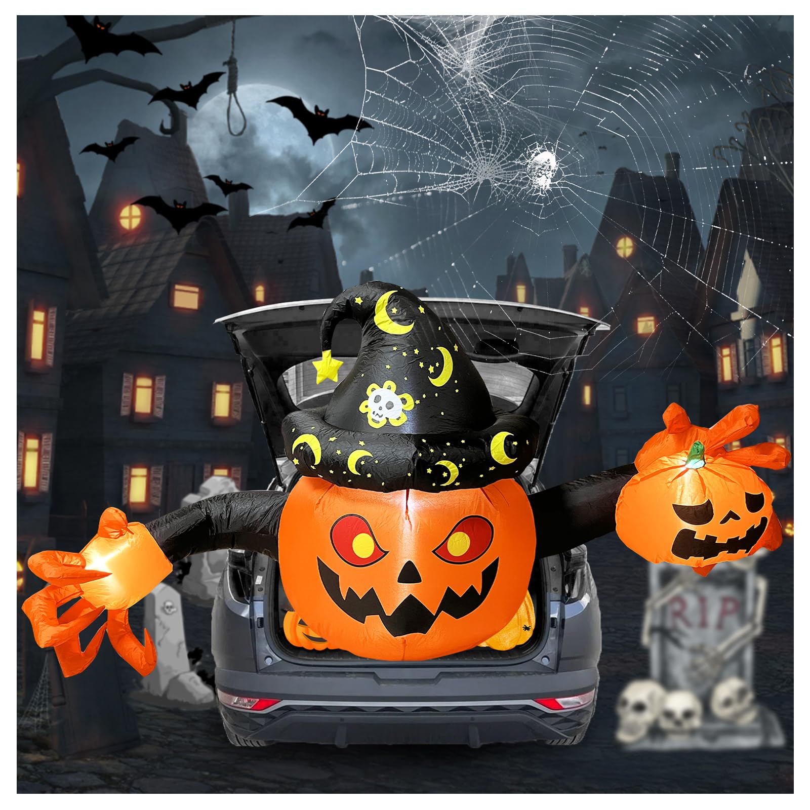 Photo 1 of 6.2 FT Halloween Inflatable Scary Big Pumpkin Catch Small Pumpkin Car Decoration with Built-in LED Light, Halloween Blow Up Trunk or Treat Car Decor for Holiday Party Outdoor Yard Garden Decoration
