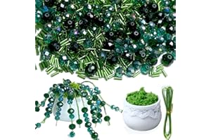 CRZSEELL 1189pcs Green Glass Beads with Pot for Plant Making, Nature Crystal Faceted and Bugle Beads Bulk Kit for Craft DIY C
