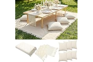 Beeveer Extra Large Outdoor Boho Picnic Blanket 91'' x 71'' White Table Runner 6 Throw Pillow Cover Woven Cotton Yarn Oversize Beach Blanket Washable for Picnic Camp Wedding