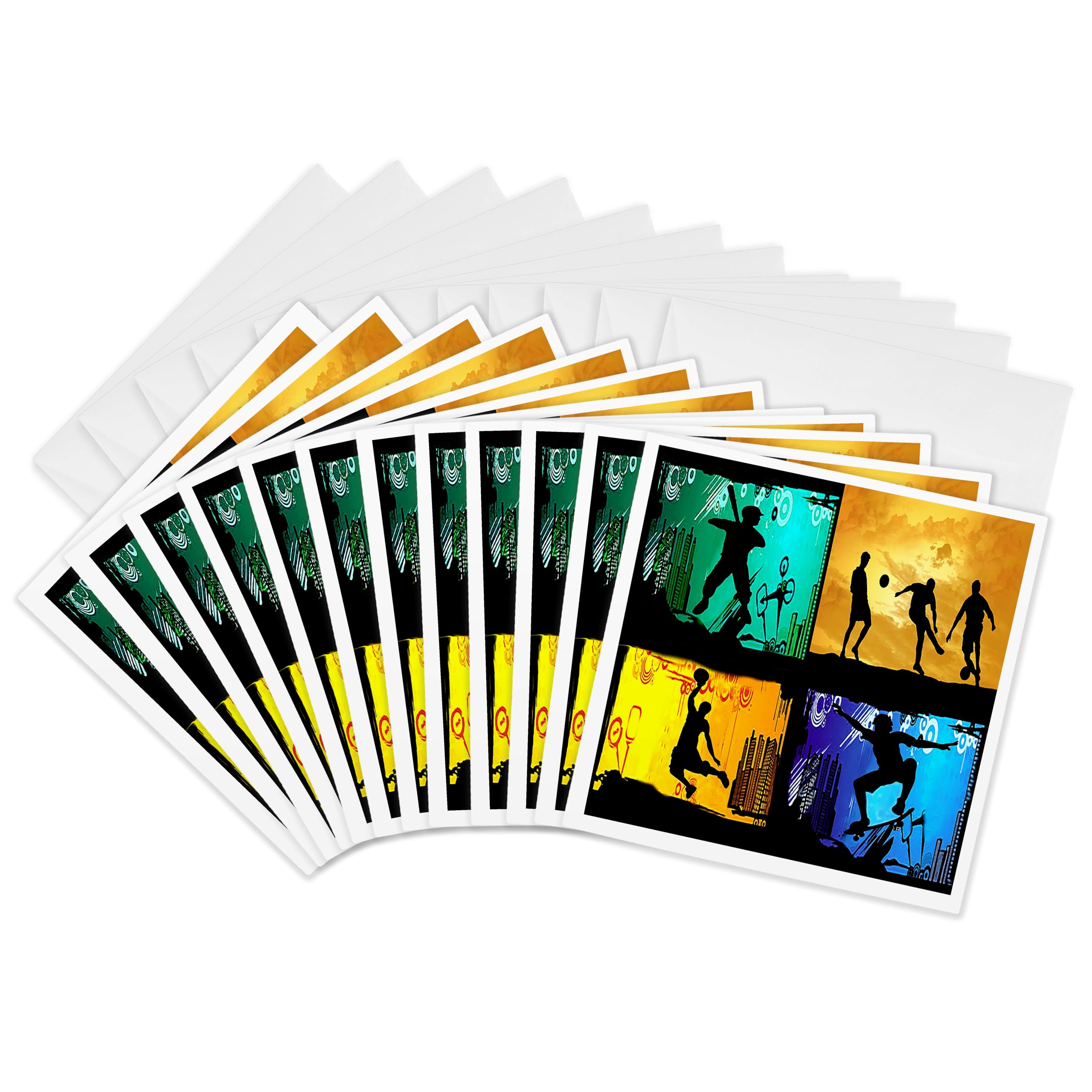 3dRose gc_6181_2 6 x 6-Inch "Skateboarding Baseball Basketball Soccer" Greeting Card (Pack of 12)