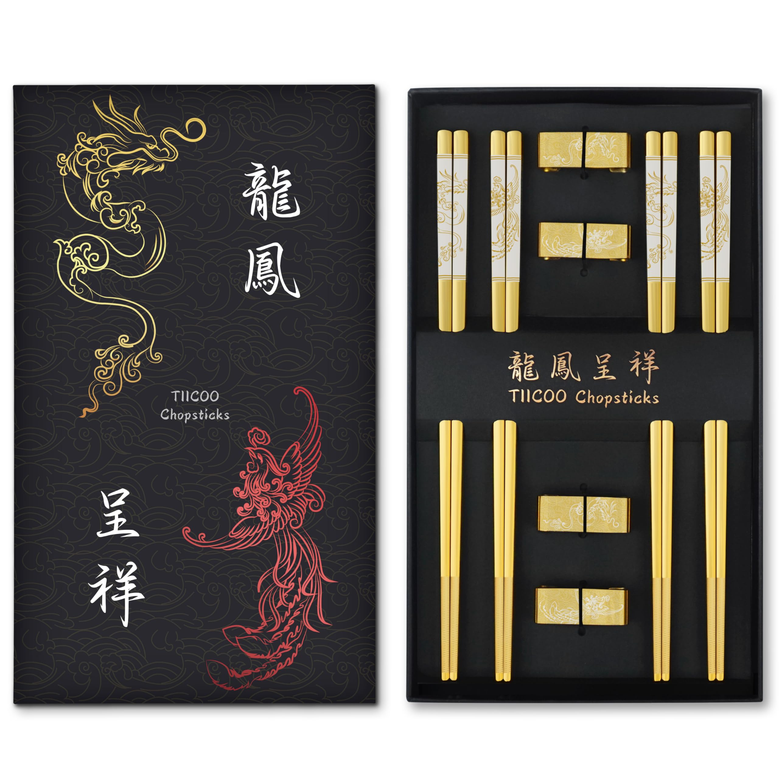 Metal Chopsticks Reusable 18/8 Stainless Steel Chopsticks Chinese Dragon and Phoenix Chop Sticks with Holder Chinese Traditional Stylish Gift Set (4 Pairs-Gold)