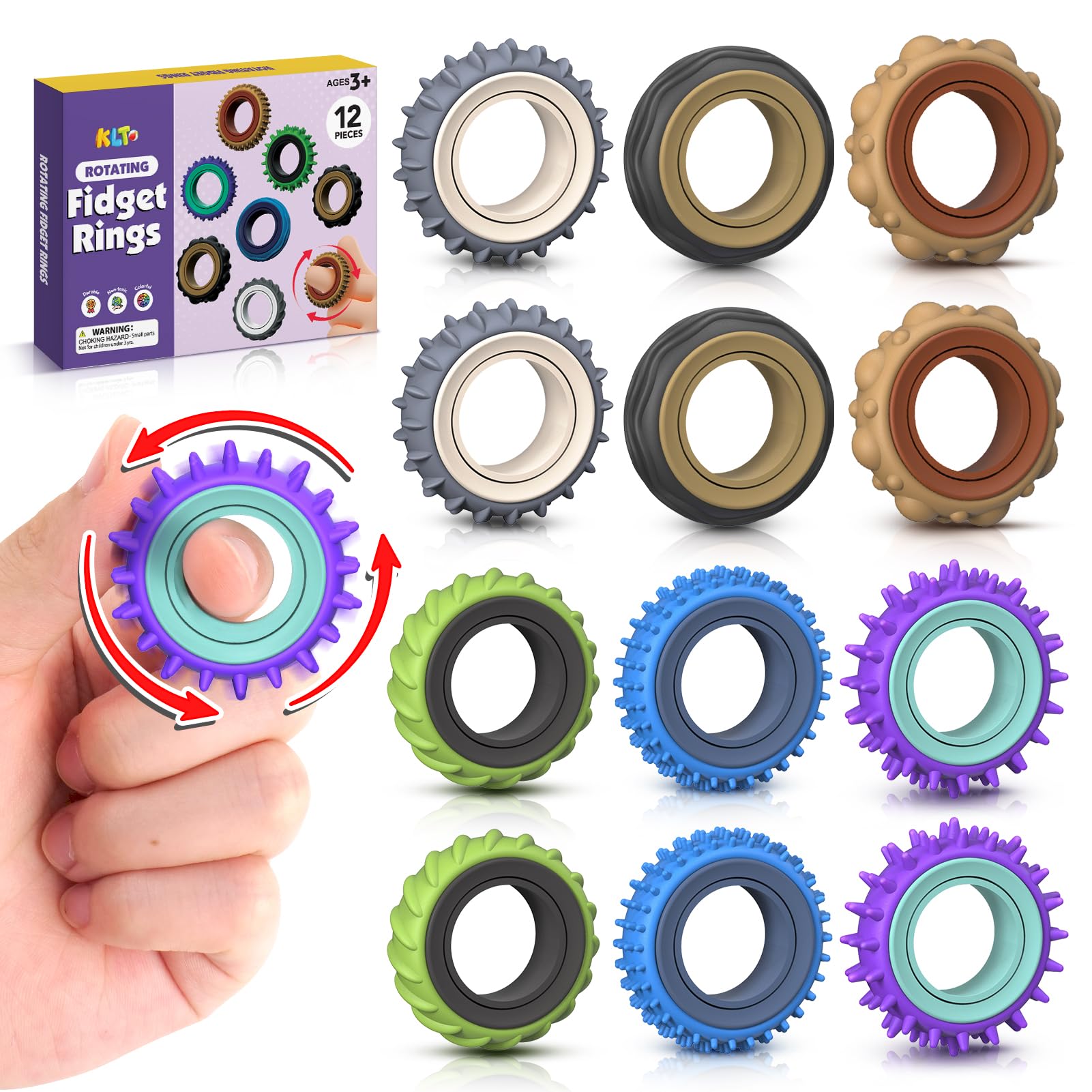 Photo 1 of Fidget Toys Adults Sensory Rings: 12 Pack Texture Spinner Rings - Stress Relief Sensory Toys for Kids ADHD - Quiet Desk Fidgets for Classroom Anxiety Office for Teens Boys
