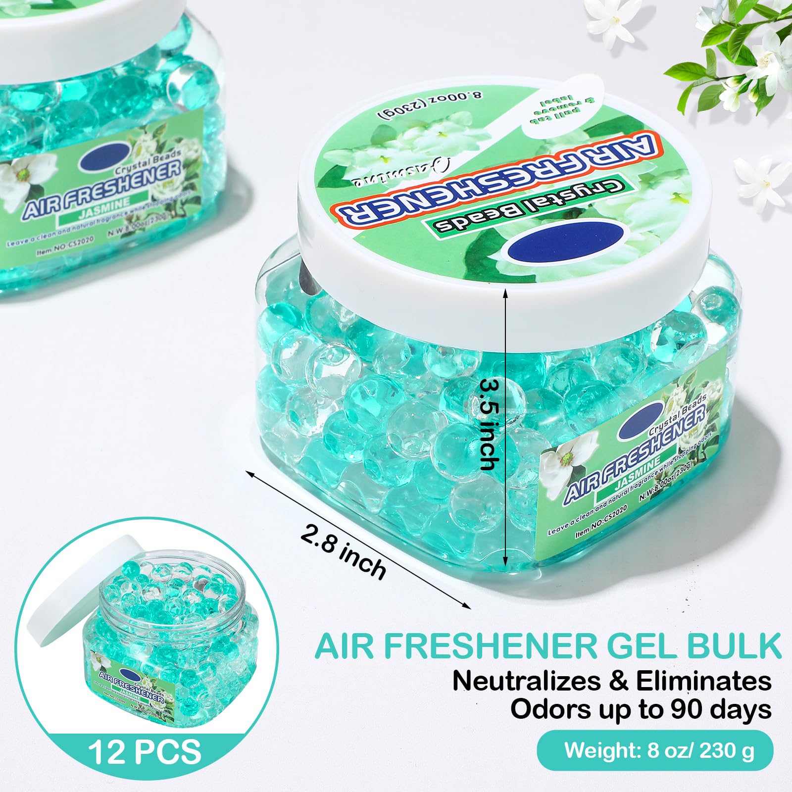 Condition photo showing As Is for 12 pcs air freshener bulk odor gel eliminator beads 8 oz long lasting air freshener beads eliminates odors in home bathrooms, cars, boats, rvs and pet areas(jasmine)