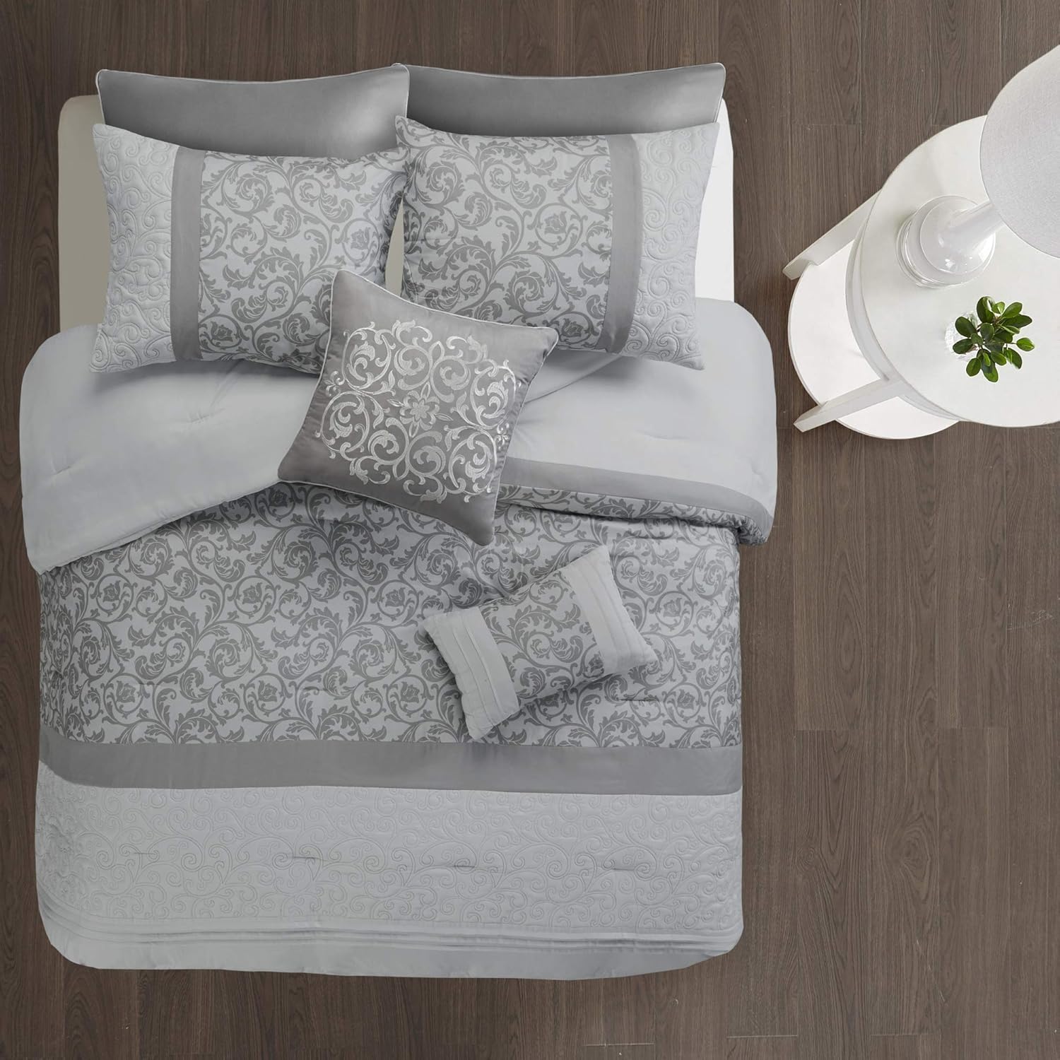 510 Design Ramsey 8 Piece Comforter Floral Scroll Quilted Design, Stripes Accent, Embroidered Toss Pillow Modern Classic All Season Bedding Set, Matching Sham, Bedskirt, King(104"x92"), Grey: Home & Kitchen