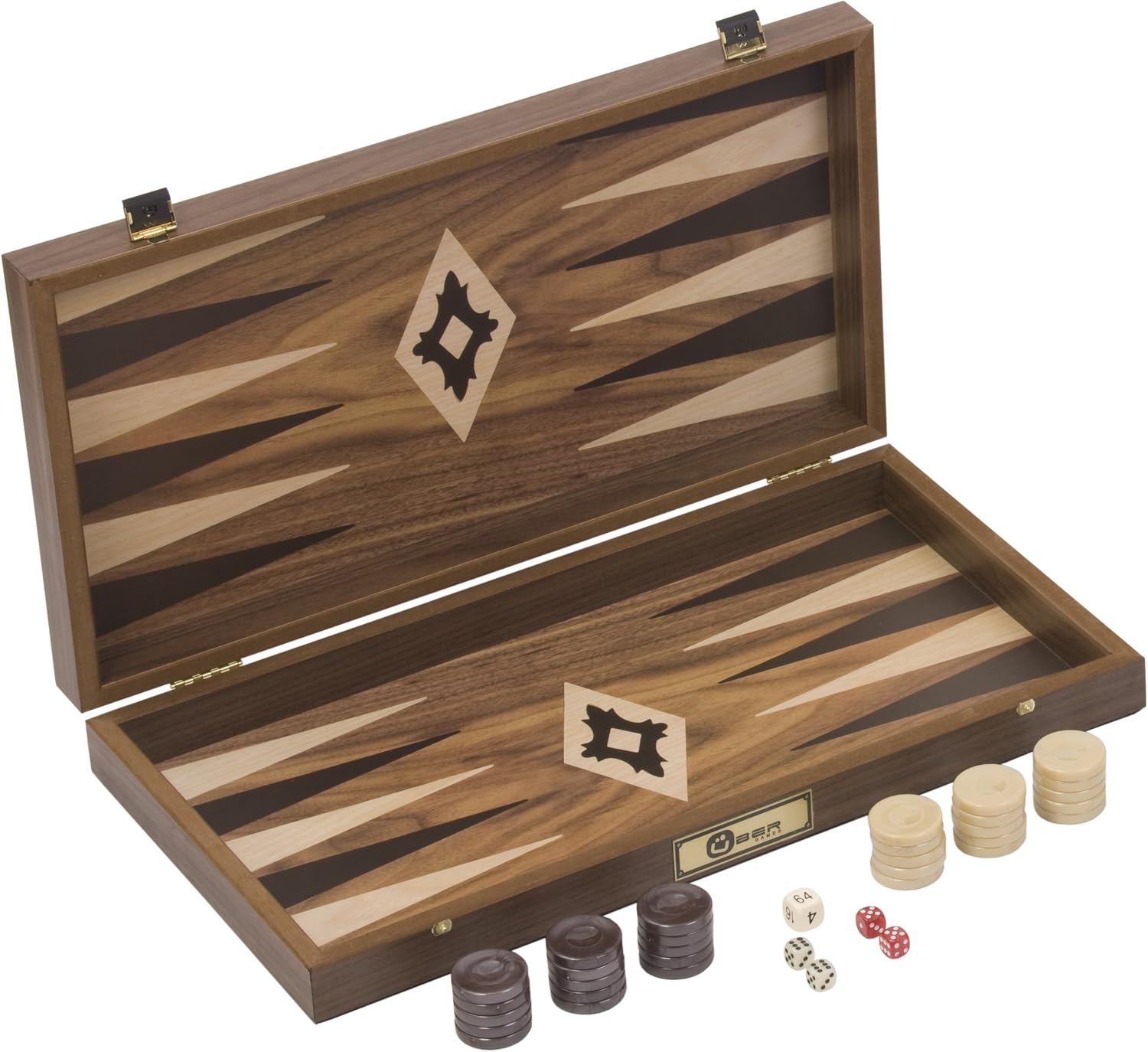 Walnut Backgammon Set - Backgammon Board (47 x 25.5 x 7cm when open) 30 mother of pearl resin counters, Red,white