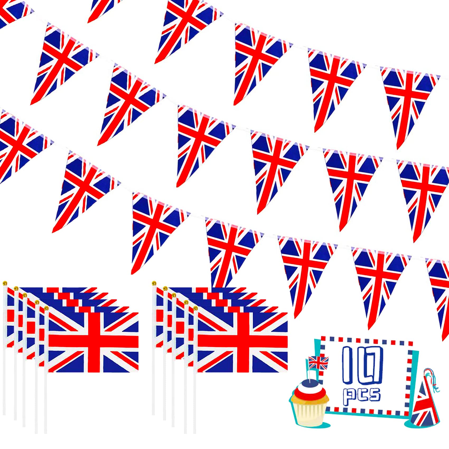 Funnlot Union Jack Bunting VE Day Union Jack Bunting Flags Triangle with Union Jack Hand Waving Flags Bunting Red White and Blue Waterproof British Flags for VE Day Outdoor Football Games Decorations