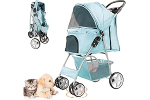 LPOTIUS Pet Stroller for Small Dogs and CatsQuick-Folding Portable Travel Cat Dog Stroller with Storage Basket and Cup Holder, 4 Wheels, Light Blue
