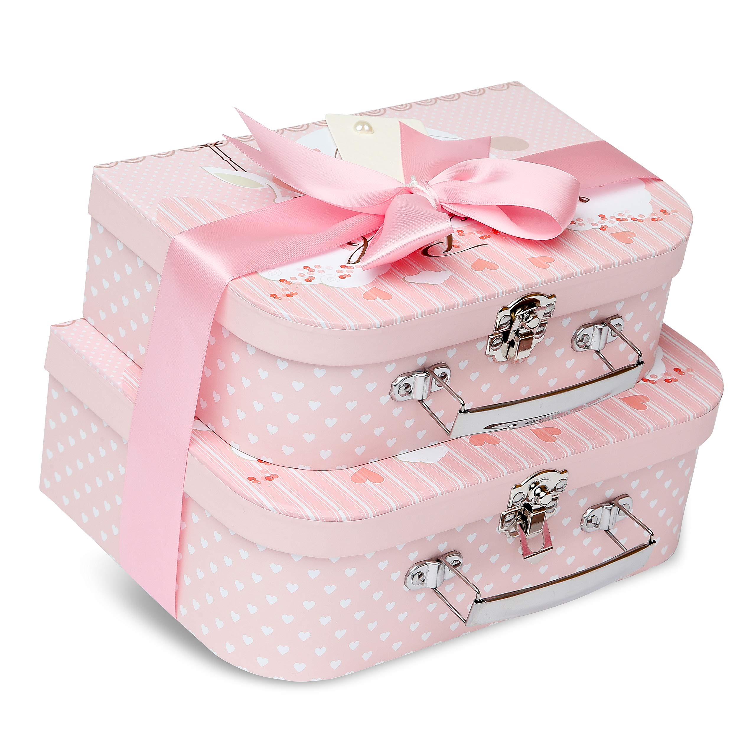 Keepsake Box Baby Girl - Gift Box for Baby, Two Ready to Fill Pink Cases with Satin Ribbon and Tag for Small & Medium Sized, Baby Gift Box, Baby Gift Box Empty, Baby Box DIY Shower Gift for Baby Girl