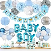 Ouddy Party Blue Baby Shower Decorations with Its a Boy Banner, Baby Boy Letter Metallic Blue Gray Silver Balloon Paper Pom Poms Honeycomb Ball for Baby Shower Gender Reveal Party Supplies