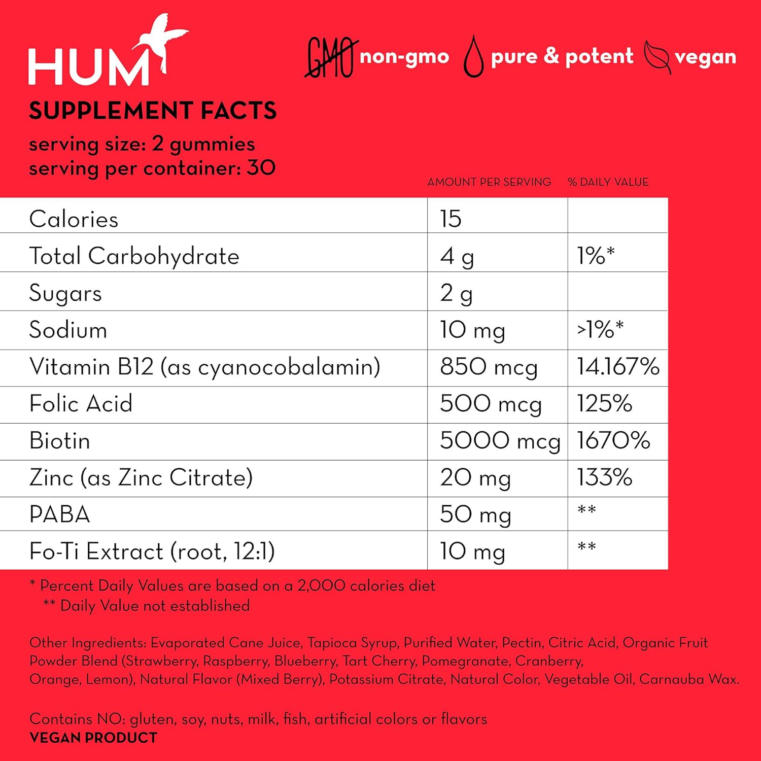 HUM Hair Sweet Hair Gummies - Hair Growth Vitamins with 5000mcg Vegan Biotin, B Vitamins, Fo-Ti & Zinc - Supports Hair Growth - Vegan, Gluten Free and Non GMO (60 Berry Flavored Gummies): Health & Personal Care