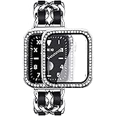 Mosonio Compatible for Apple Watch Band 46mm with Screen Protector Case Women, Jewelry Metal Chain with 2P Bling Cover for iWatch Series 11 10(Silver Link with Black Leather)