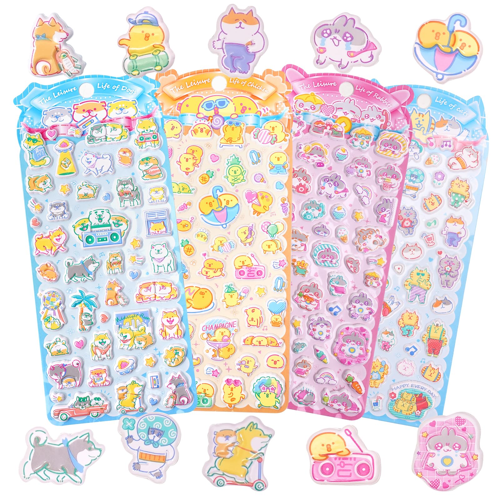 Cute Kawaii Puffy Stickers for Girls Kids, Small 3D Puffer Stickers for Adults Teens, Including Chicken Cat Dog and Rabbit, Japanese Cartoon Animal Stickers 4 Sheets.