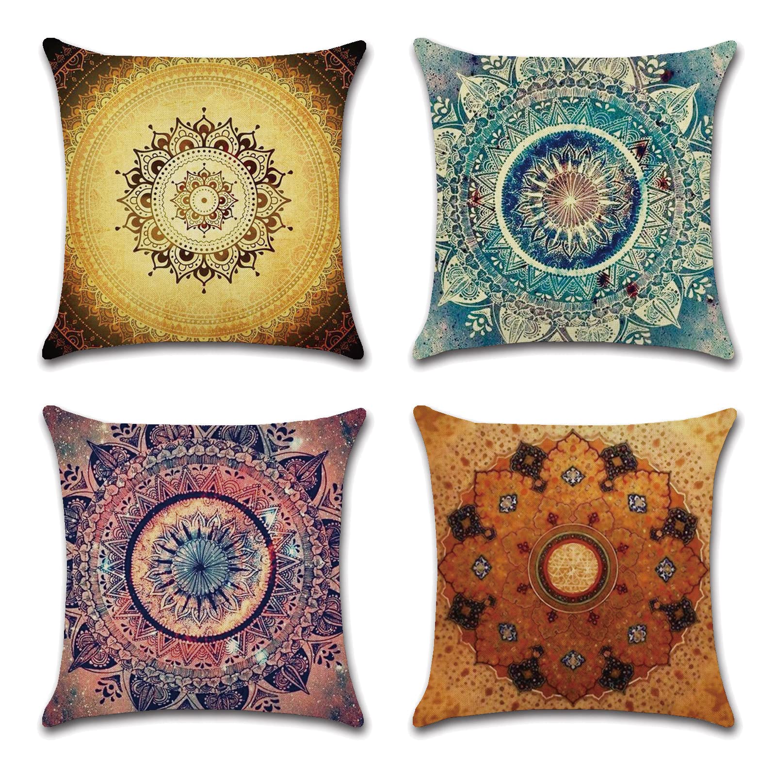 OCEUMACO Linen Cushion Covers 45 x 45 cm for Sofa Bedroom Set of 4 Square Mandala Boho Throw Pillow Cases 18x18 Inches Outdoor Hippie Ethnic Pillowcases Cushions Cover Garden - Multicoloured