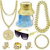 Nhjk Retro 80s 90s Hip Hop Costume Kit 8 Pieces Faux Gold Sets Reversible Bucket Hat Cosplay Party Accessories for Men Women