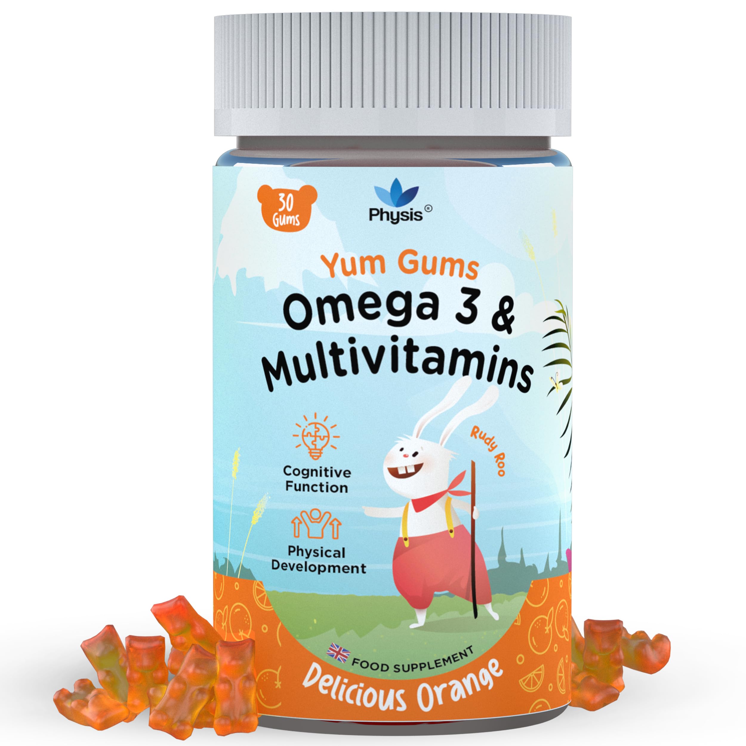 Physis Kids Multivitamin Gummies | Ages 2+ | 30 Orange Flavour Chewable with Vitamins C, D, Omega 3 & More | Kids Vitamins Chewies for Cognition, Energy & Support Growth | Children's Multivitamins