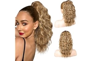 SEIKEA 14" Highlight Ponytail Extension Claw, PT002 Tia Long Multi Layered Fluffy Thick Wavy Jaw Clip in Fake Pony Tails Fake Hair Soft Natural Synthetic Hairpiece Light Brown with Blonde Highlights