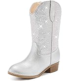 Motasha Rhinestone Sparkly Girls Cowgirl Cowboy Boots Little Kids Dress Boot Pointed Toes Low Heel Mid Calf Zipper Party Birthday Toddler to Big Kid