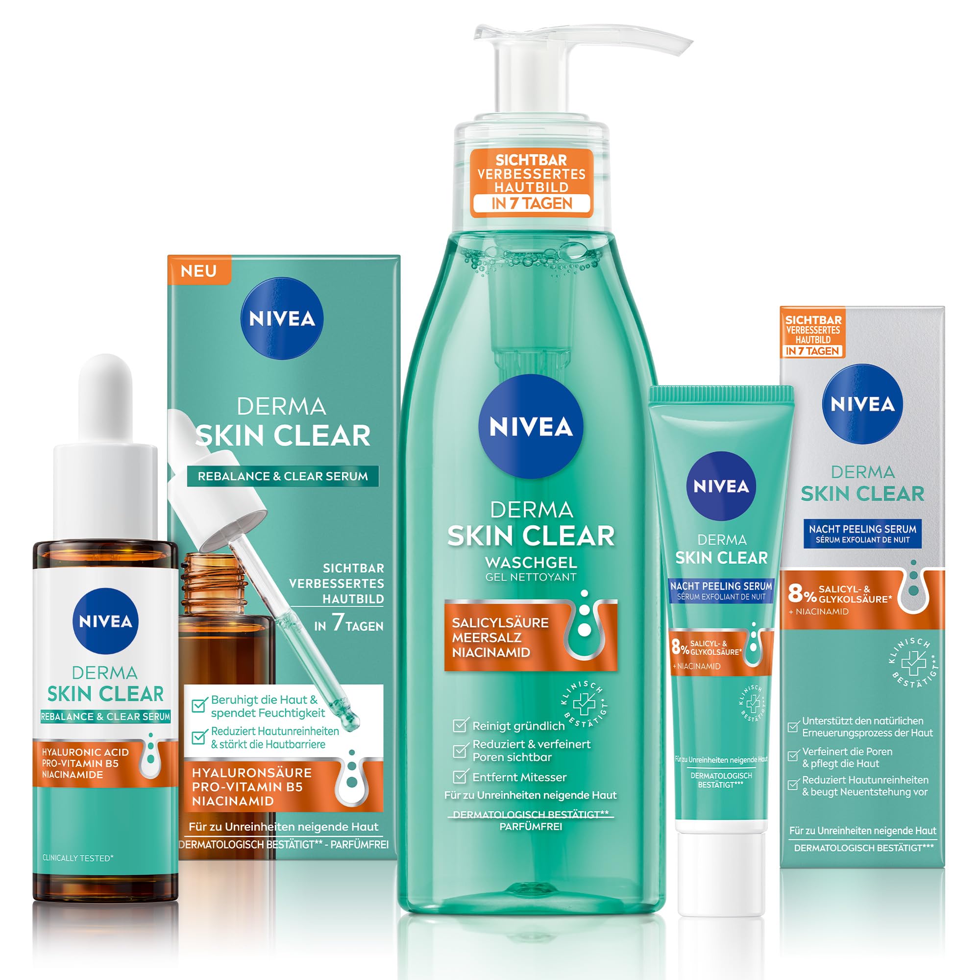NIVEA Derma Skin Clear Routine Set mit Rebalance & Clear Serum, Nachtpeeling Serum & Waschgel, Gesichtspflege für unreine Haut mit Salicylsäure & Niacinamid