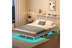 HOOBRO Full Bed Frame, Full Size Bed Frame with Headboard and Charging Station, Floating Bed Frame with LED Light Strip, Whit
