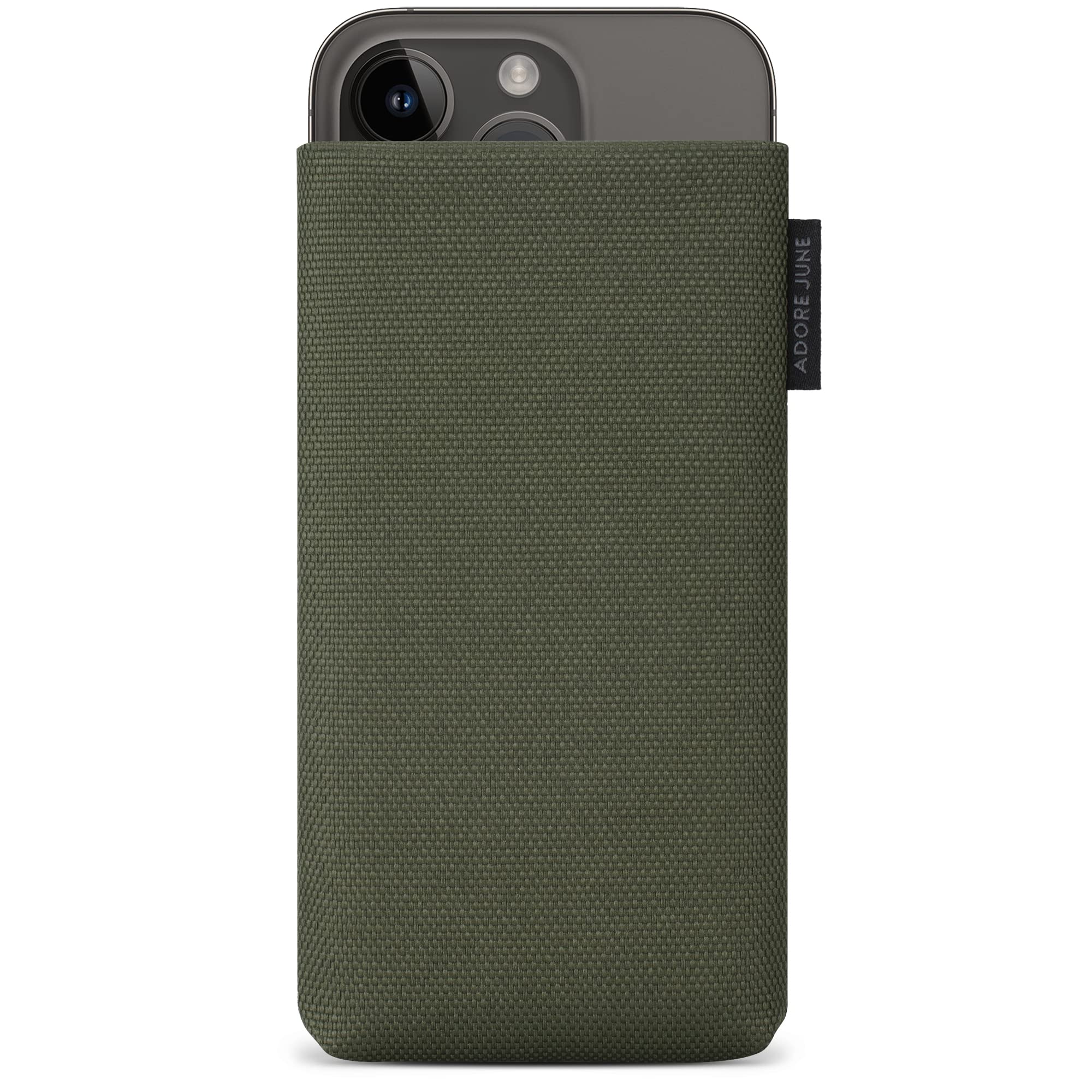 Adore June Mobile Phone Case Classic Recycled Olive Green Compatible with iPhone 15 14 / iPhone 15 14 Pro, Modern Sustainable R-PES Fabrics, Made in Europe