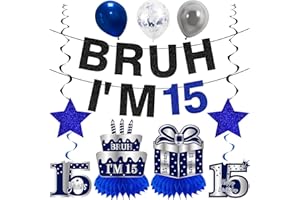Kuxriox 11Pcs 15th Birthday Decorations for Boys Men, Blue Sliver Happy 15th Birthday Banner, Bruh I'm 15 Balloons Centerpieces Swirls Party Supplies, Fifteen Bday Banner Ceiling Table Topper Sign