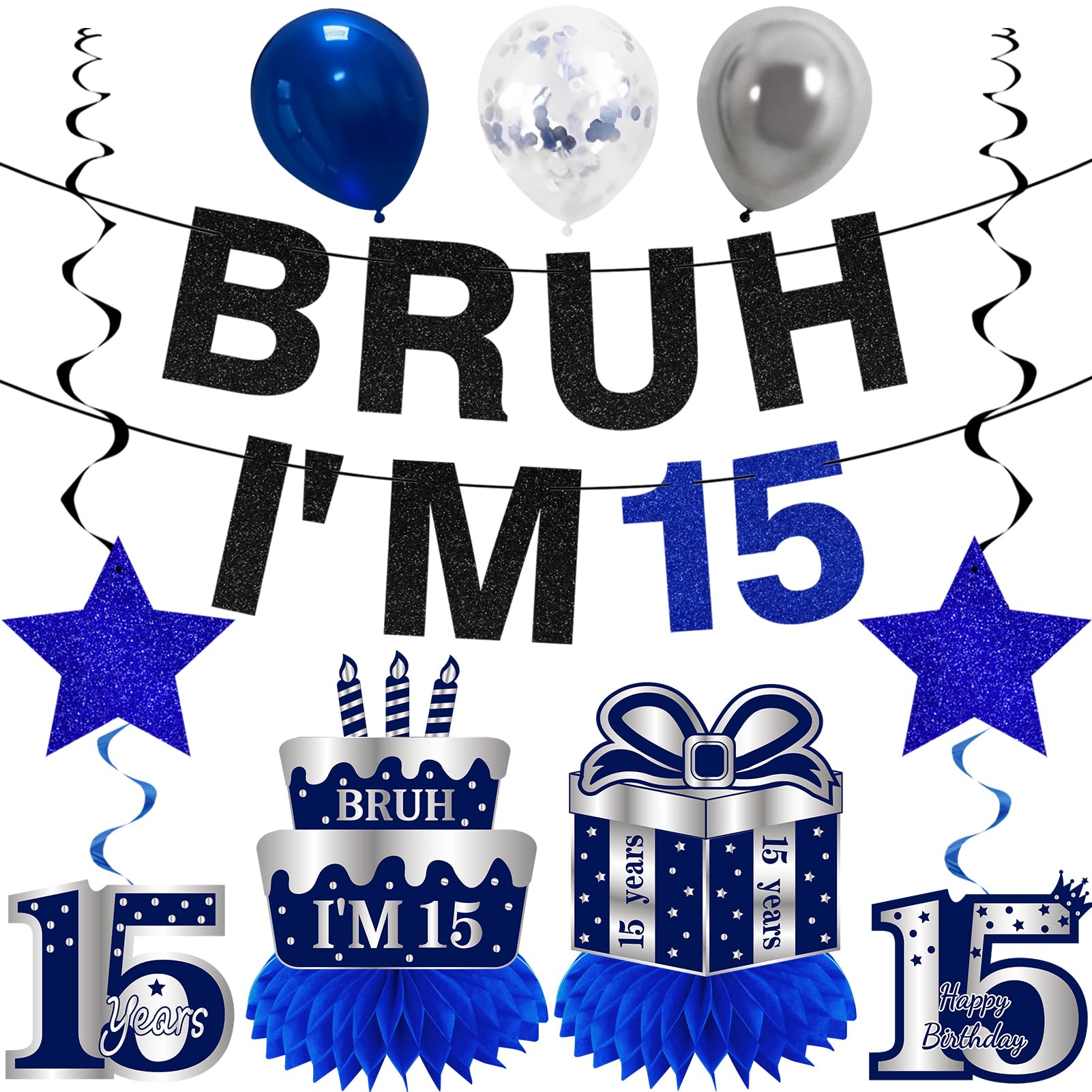 Photo 1 of Kuxriox 11Pcs 15th Birthday Decorations for Boys Men, Blue Sliver Happy 15th Birthday Banner, Bruh I'm 15 Balloons Centerpieces Swirls Party Supplies, Fifteen Bday Banner Ceiling Table Topper Sign