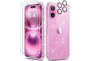BERFY Compatible with iPhone 16 Case Glitter, [5 in 1] with 2X Screen Protector + 2X Camera Lens Protector, [Non-Yellowing] Clear Sparkle Slim Shockproof Hard Phone Cover for Women 6.1", Shiny Clear