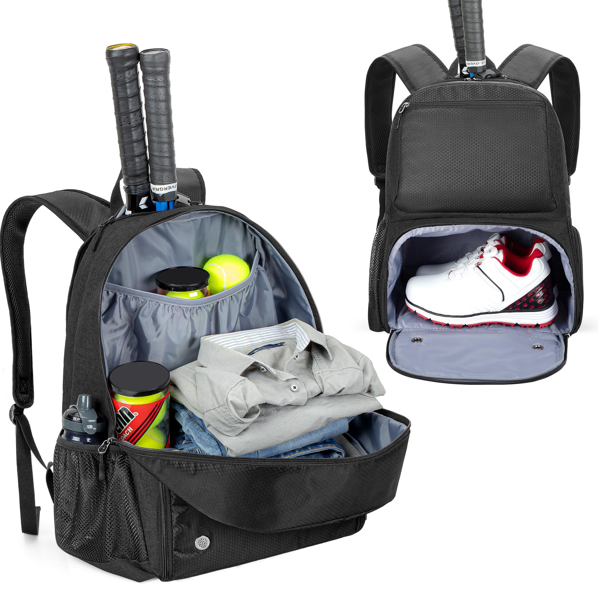 DSLEAF Tennis Backpack Holds 2 Rackets, Tennis Bag with Separate Ventilated Shoe Compartment for Pickleball Badminton Squash Sports, Black