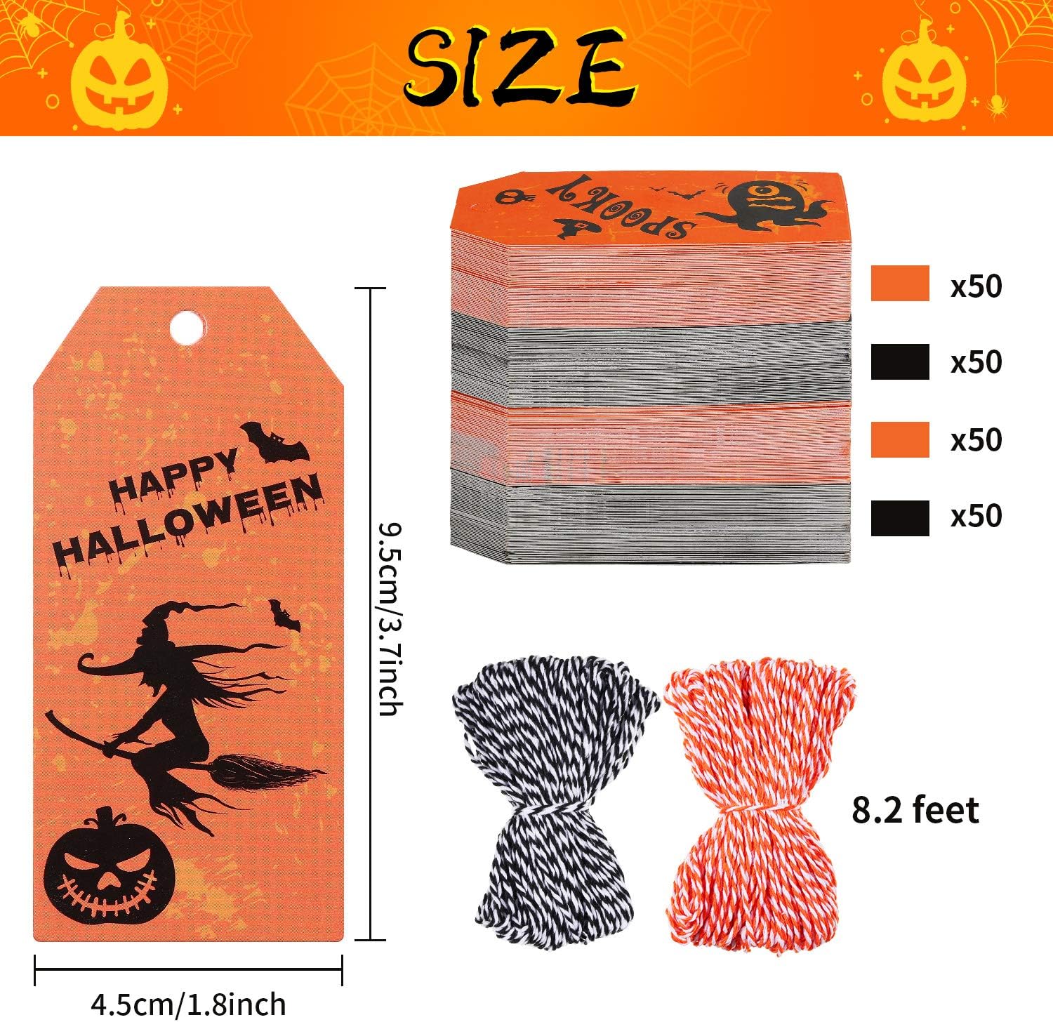 200 Pieces Halloween Paper Tags Trick or Treat Craft Label Tags Hang Labels Name Tags with 16 Feet Cotton Rope for Halloween Party Favor, Candy Bag Hanging Card Name Card Decor, 8 Styles: Health & Personal Care