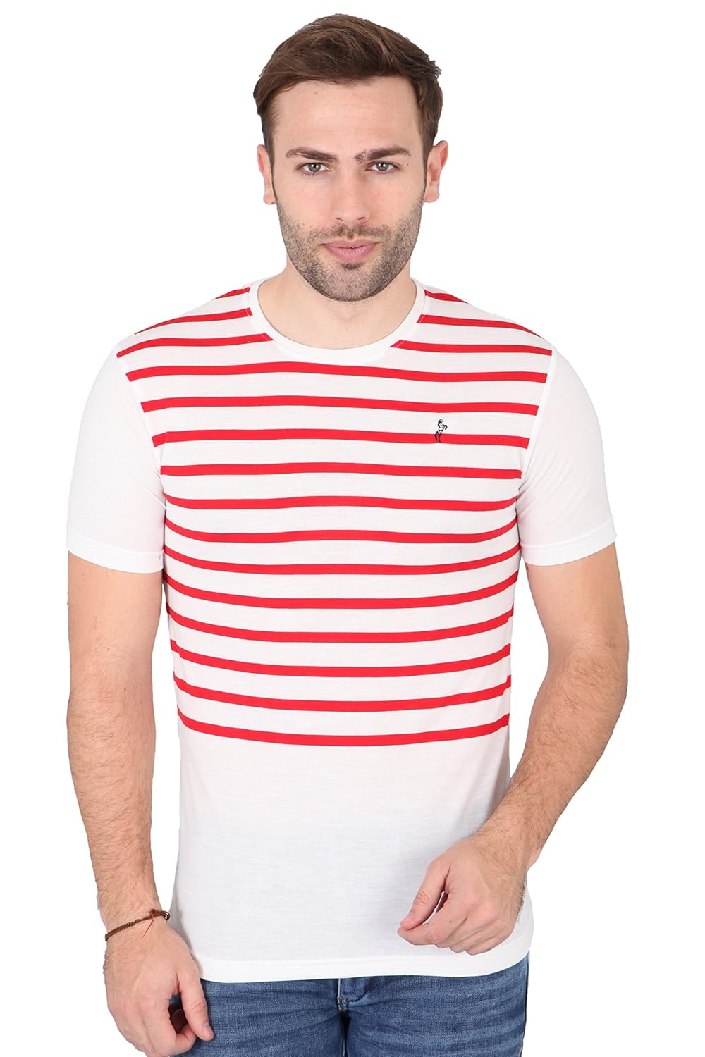 sky water men's white and red stripes round neck half sleeves t-shirt