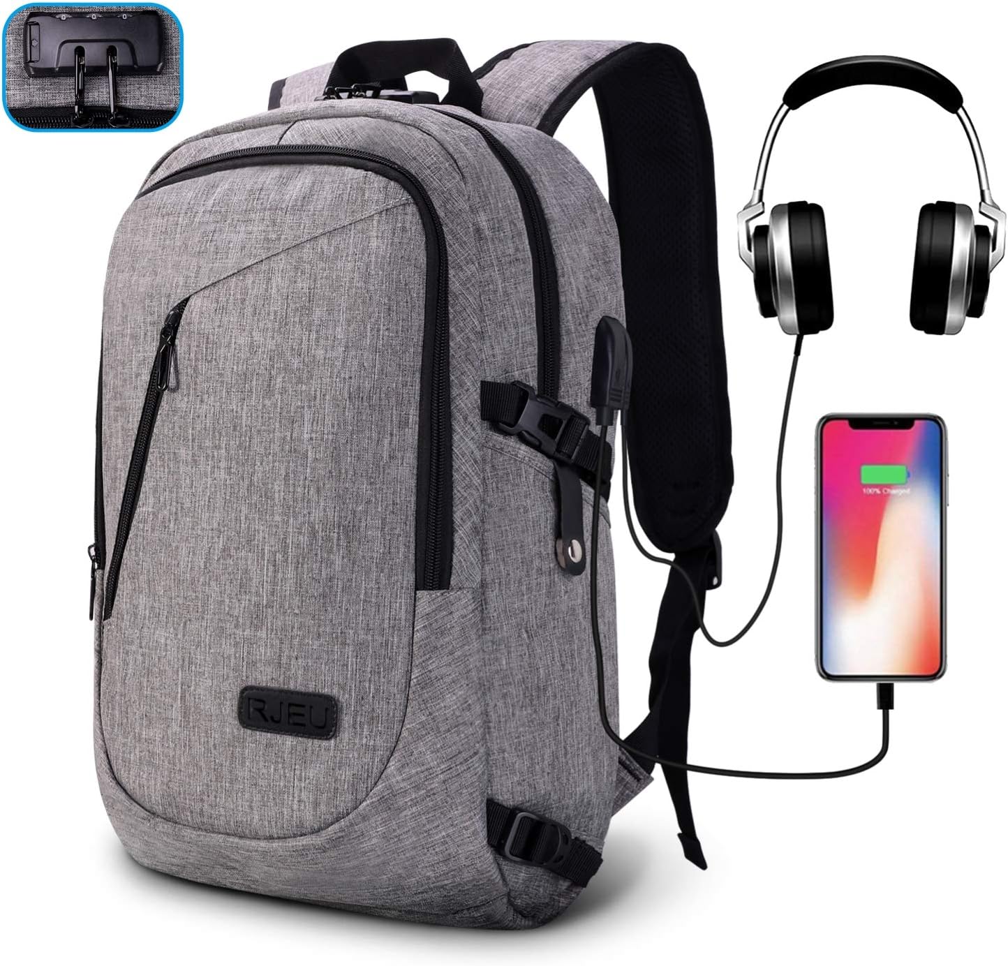 Anti Theft Backpack, Tech Rucksack with USB Charging and Earphone Port, 15.6 In Slim Light-Weight School Bag Casual Daypack for Men Women, Travel, Gaming, Business, College, Grey
