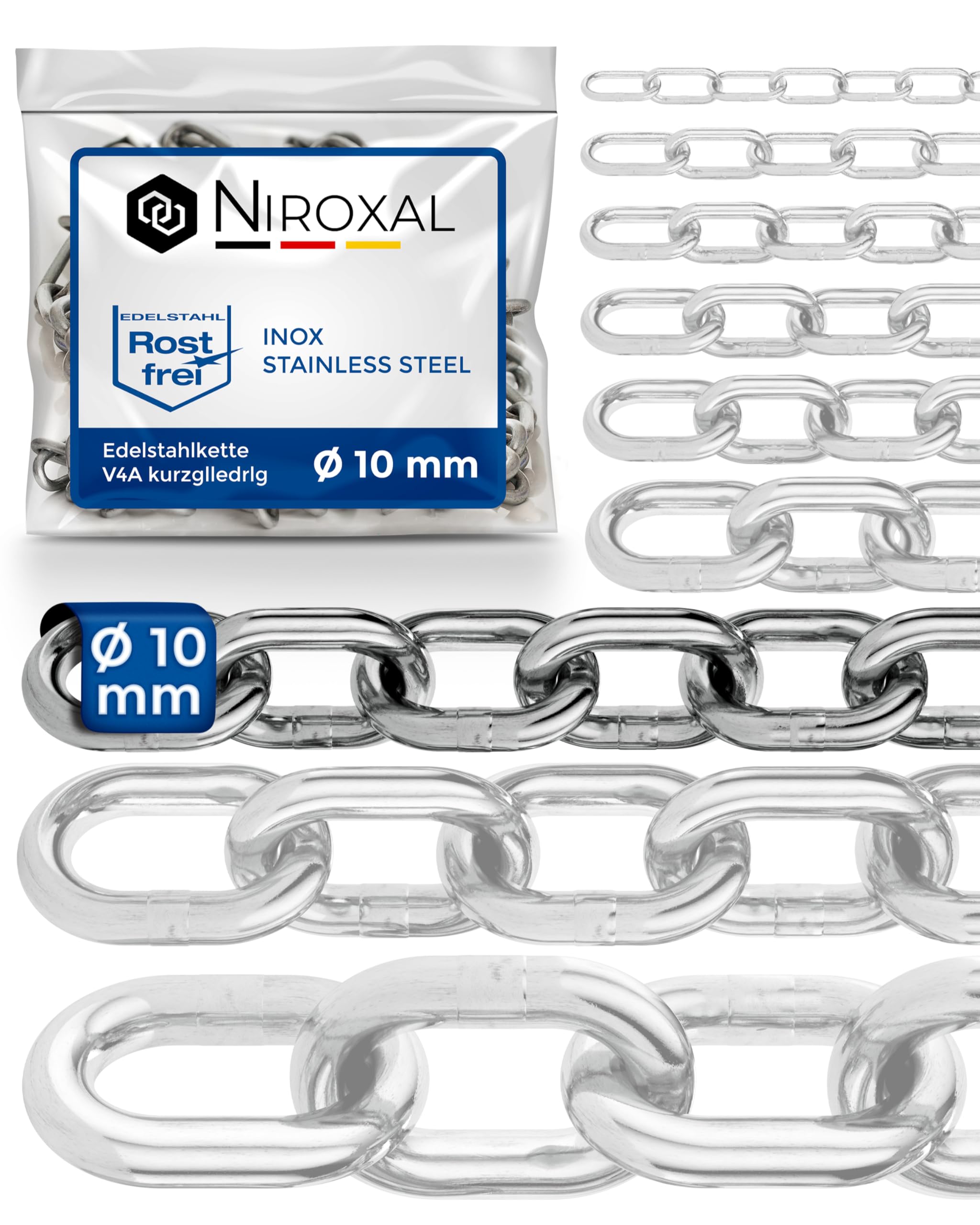 Stainless Steel Chain Short Link 316 Marine Grade A4 DIN 766 DIN 5685 10 mm Pack of 2 x 1 m Heavy Duty Round Link Chain Rust Resistant Outdoor Chain NietFullThings