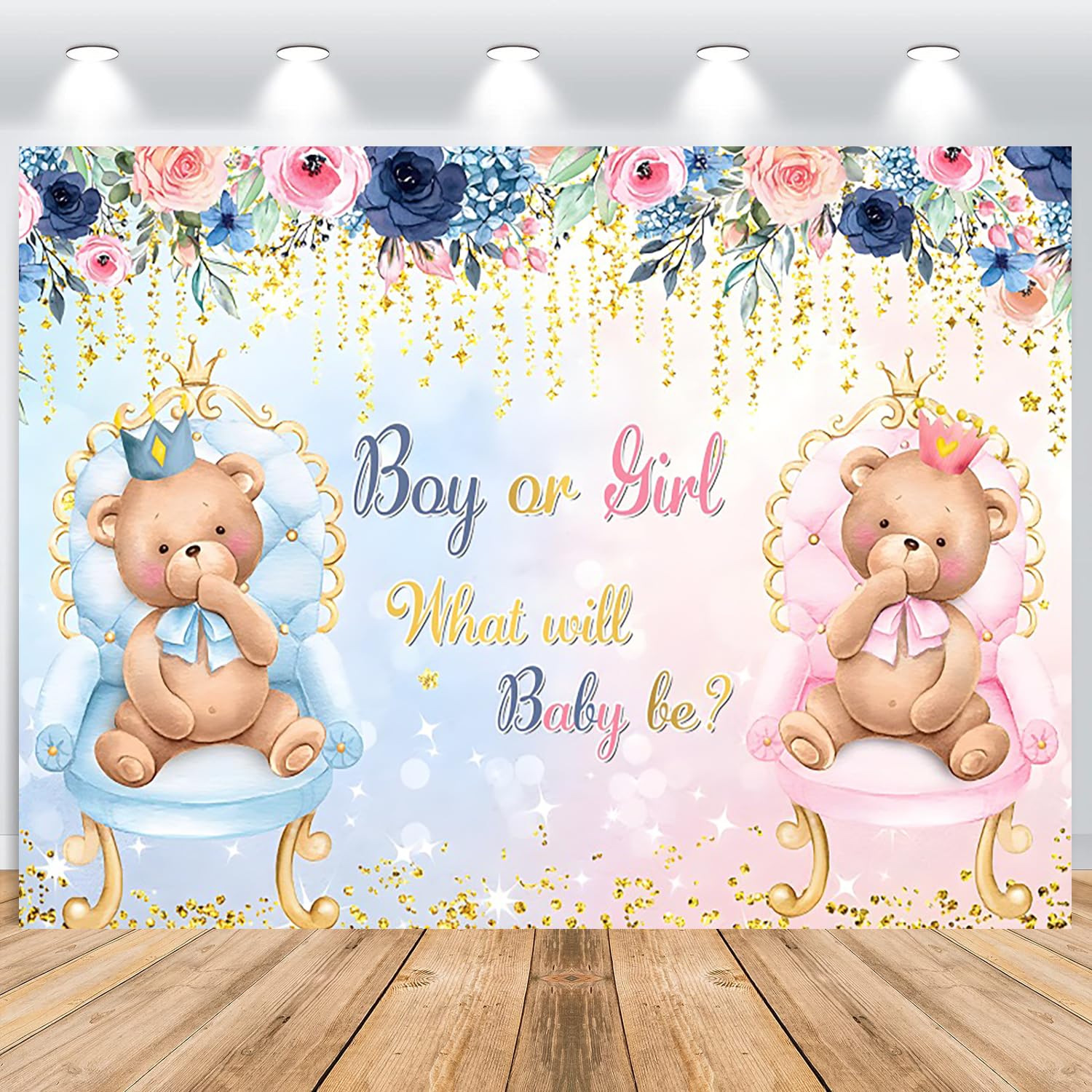 ASDCXZ Gender Reveal Backdrop 2.2x1.5m, Baby Bear Pink Blue Crown Flowers Gold Photography Backdrop, Vinyl Photo Backdrop for Baby Shower Banner Decorations Booth Props