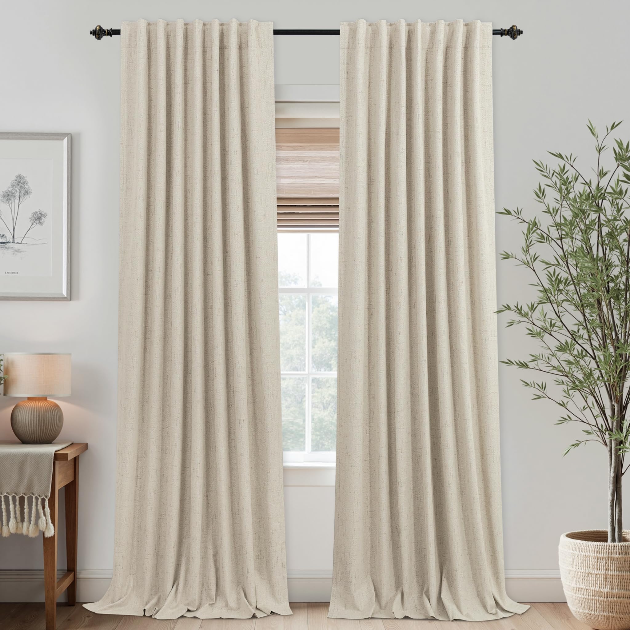 Photo 1 of KOUFALL Extra Long 120 Inch Linen Blackout Curtains 10 FT Foot 10FT Length Tan Beige Pleated Curtains for Living Room Bedroom